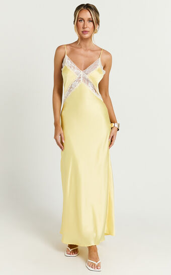 Christy Midi Dress - V Neck Lace Detail Slip Dress in Lemon