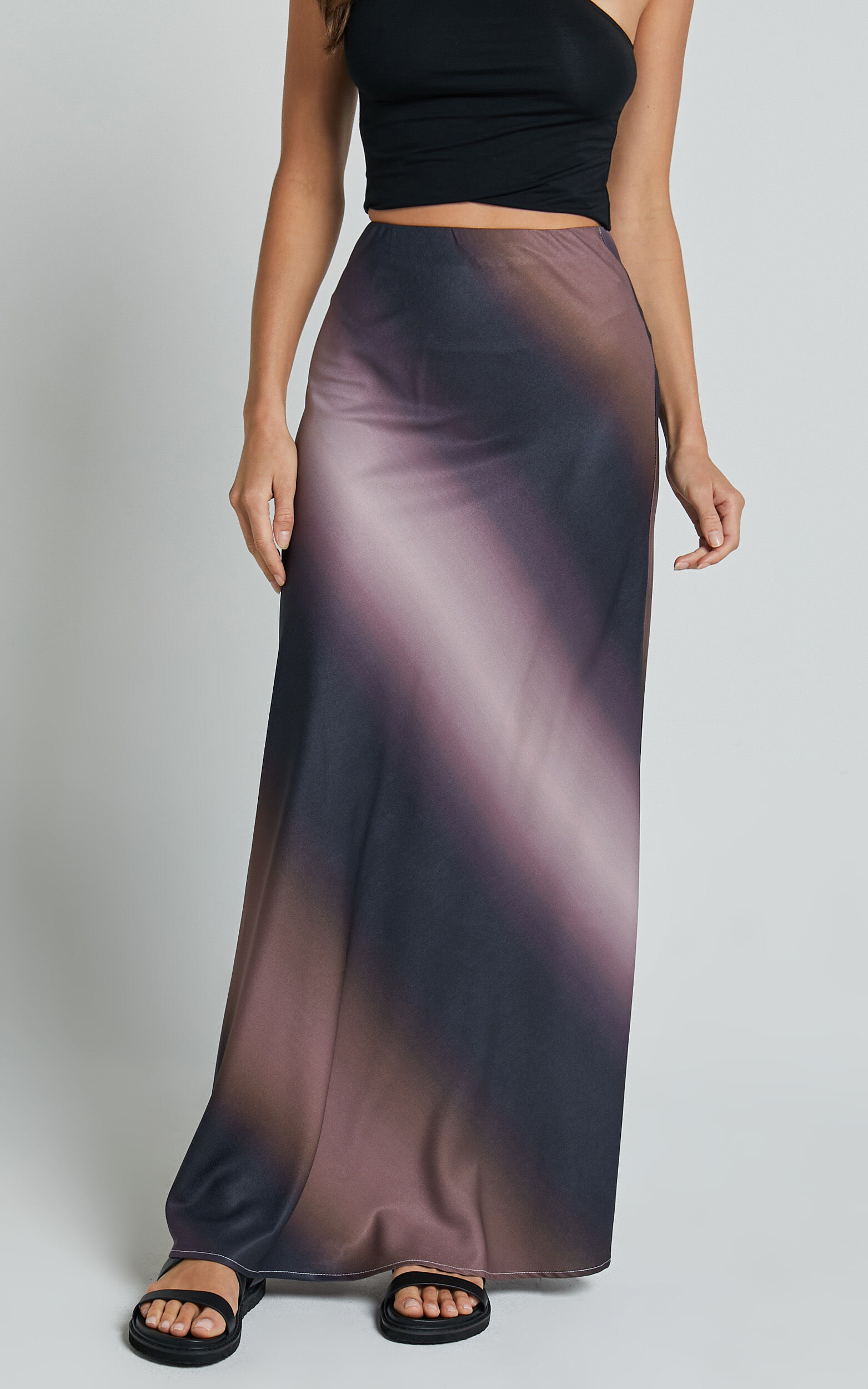 Michaela Maxi Skirt High Waisted Slip Satin Skirt in Dusk Ombre Showpo USA