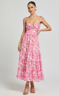 Esmeralda Midi Dress - Strappy Cut Out Tiered Dress in Pink Floral