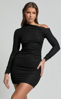 Raquel Mini Dress - One Shoulder Long Sleeve Ruched Dress in Black