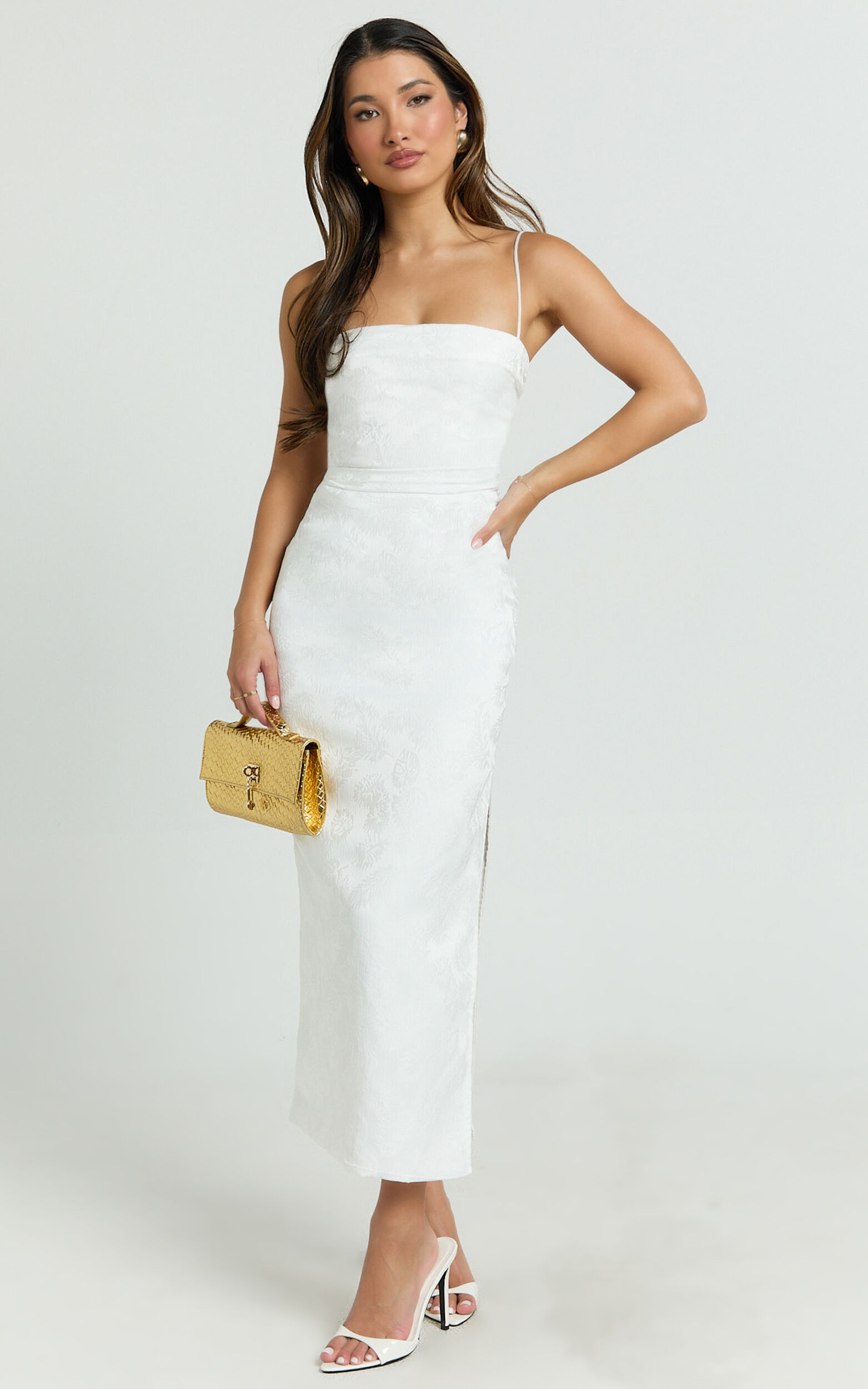 Indiana Midi Dress - Jacquard Square Neck Lace Back Fitted Dress in White - 06, WHT1