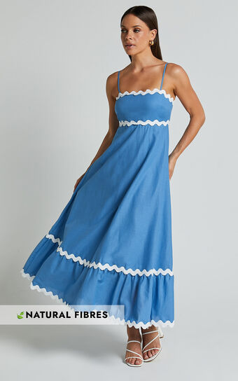 Moriseth Midi Dress - Linen Sleeveless Fit Flare Dress in Blue