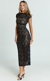 Emma Midi Dress - Lace Cap Sleeve Bodycon Dress in Black