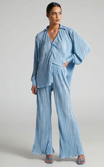 Beca Pants - High Waisted Plisse Flared Pants in Cornflower