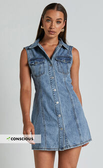Gigie Mini Dress - Button Front Collared Denim in Mid Blue Wash