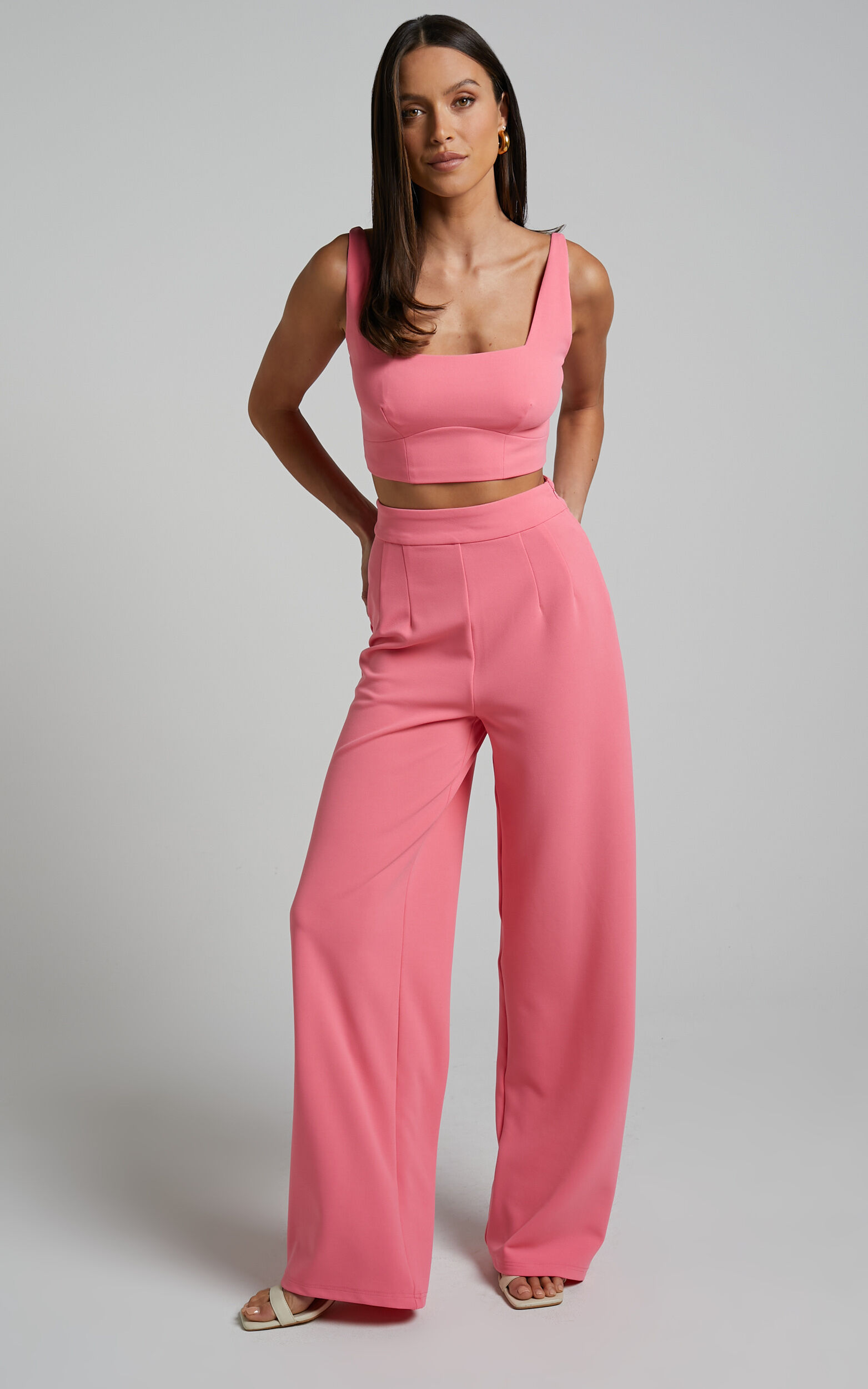 Elibeth Two Piece Set - Crop Top and High Waisted Wide Leg Pants Set in  Bubblegum Pink