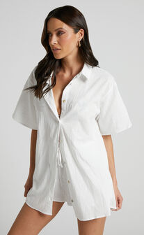 Vina Del Mar Two Piece Set - Linen Look Shirt and Shorts Set in White
