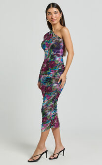 Pepper Midi Dress - One Shoulder Ruched Mesh Dress in Ethereal Iris Print