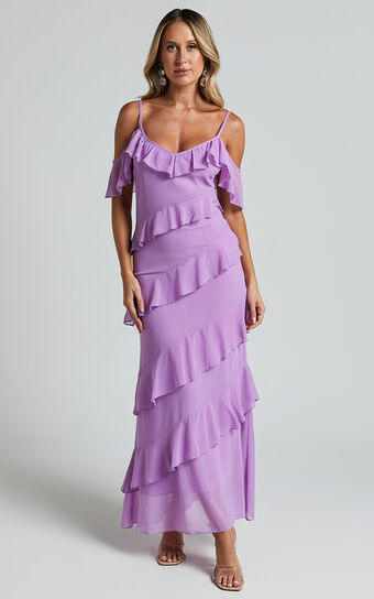 Celaya Maxi Dress -  Strappy V Neck Off Shoulder Tiered Frill Detail in Lilac