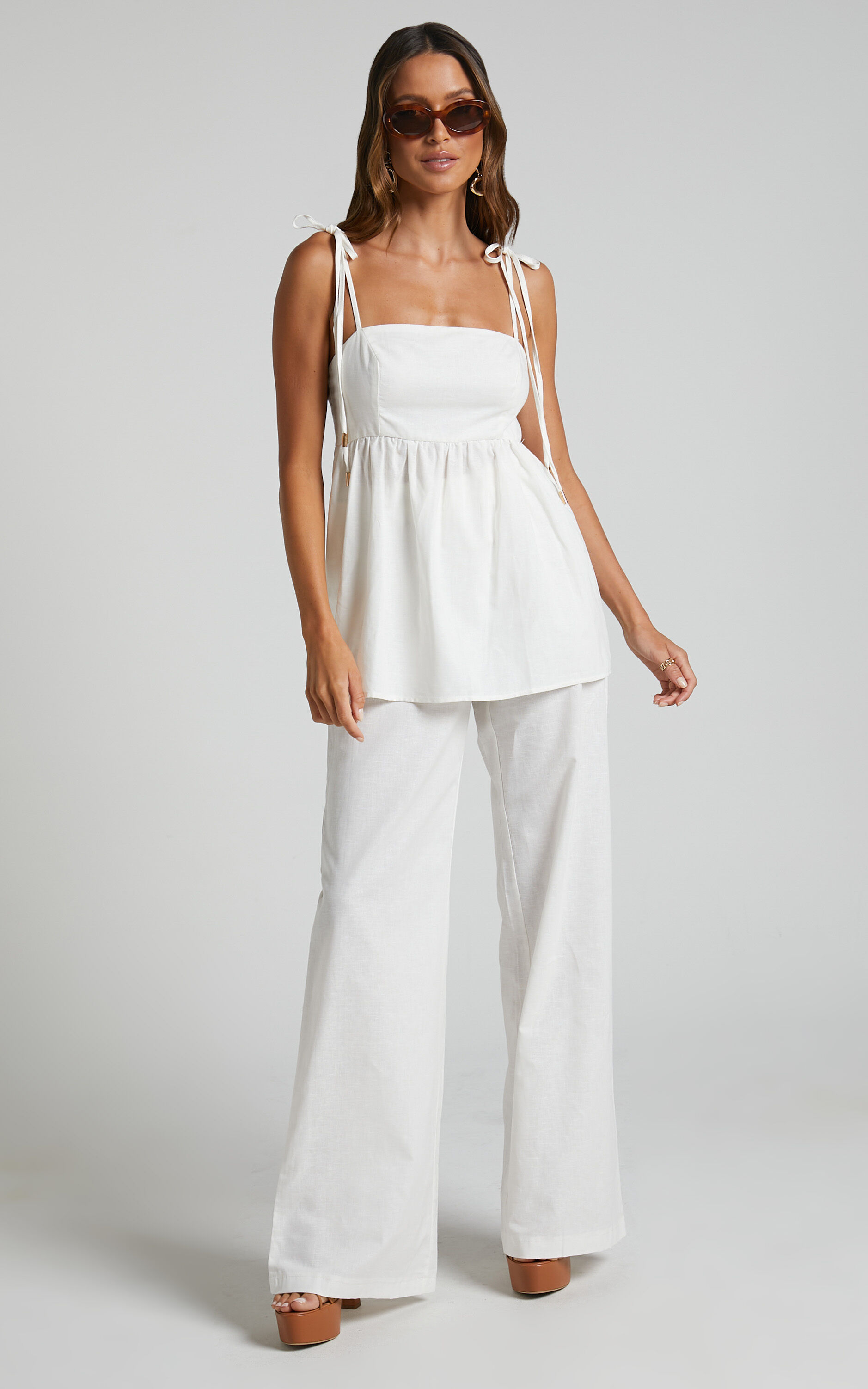 Amalie The Label Ellah Linen Blend Tie Shoulder Peplum Top and Wide Leg Pants Two Piece Set in White Showpo EU