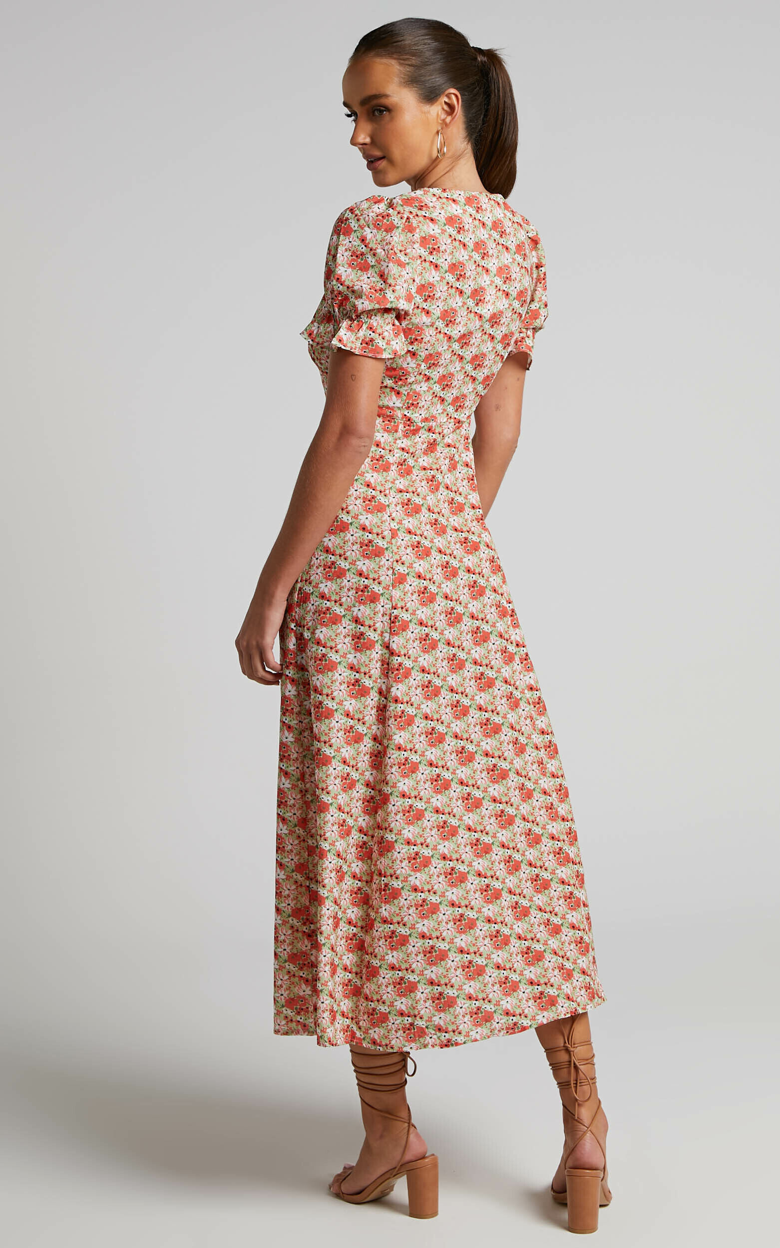 Adalina Midi Dress Short Puff Sleeve Button Down Dress in Pink