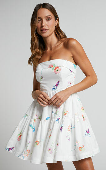 Shineey Mini Dress - Strapless Tiered Dress in Painterly Wild Flower Showpo