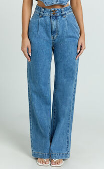 Fergie Jeans - Denim High Waisted Straight Leg Denim Jeans in Mid Blue Wash