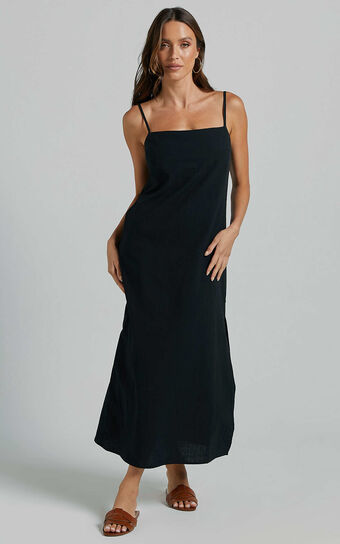 Alianna Midi Linen Blend Dress - Straight Neck Strappy Back Split A Line in Black