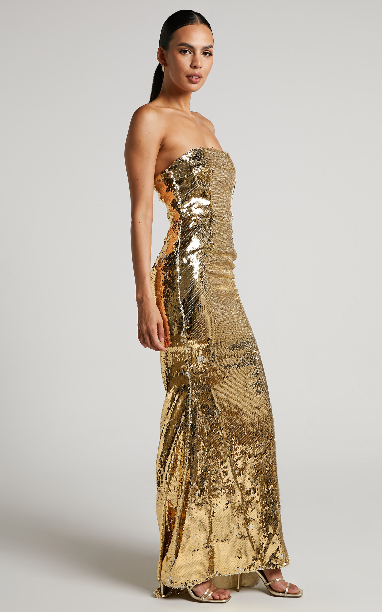 Cheena Maxi Dress Strapless Sequin Mermaid Dress in Gold Silver