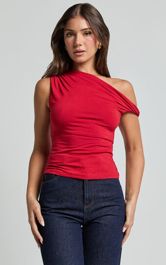 Jialeen Top - Off Shoulder Twist Asymmetrical Sleeve Top in Red