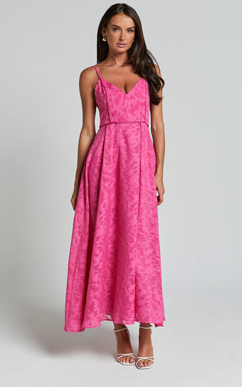 Philine Midi Dress - Plunge Fit and Flare Dress in Pink Showpo