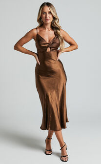 Astoria Midi Dress - Satin Bias Cut Twist Front Cut Out Dress in Chocolate