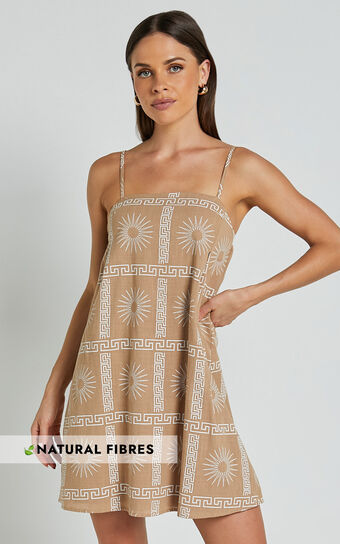Elia Mini Linen Blend Dress - Straight Neck Sleeveless Slip Dress in Tan/White