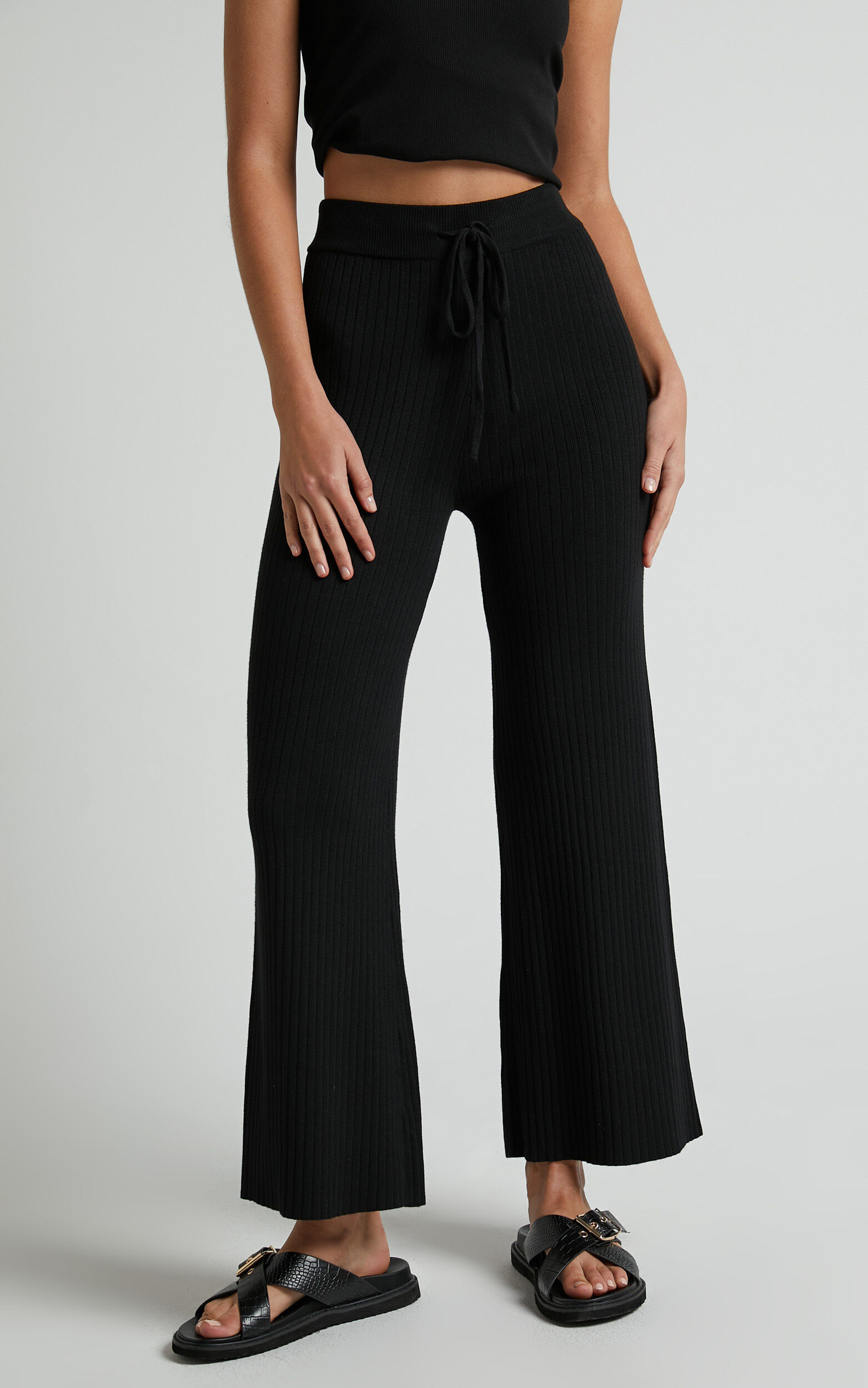 Motto Pants High Waisted 7 8 Length Ribbed Knit Pants in Black Showpo
