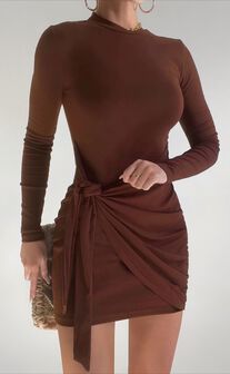 Marleen Mini Dress - Wrap Front Long Sleeve Bodycon Dress in Dark Oak