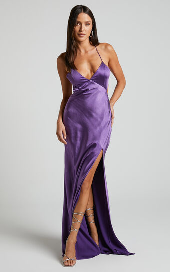 Anneke Maxi Dress - V Neck Open Back Bias Cut Dress in Dark Amethyst