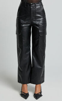 Yvette Pants - High Waist Faux Leather Cargo Pants in Black