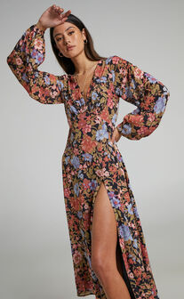Henny Midi Dress - Long Sleeve Split Dress in Dusk Floral