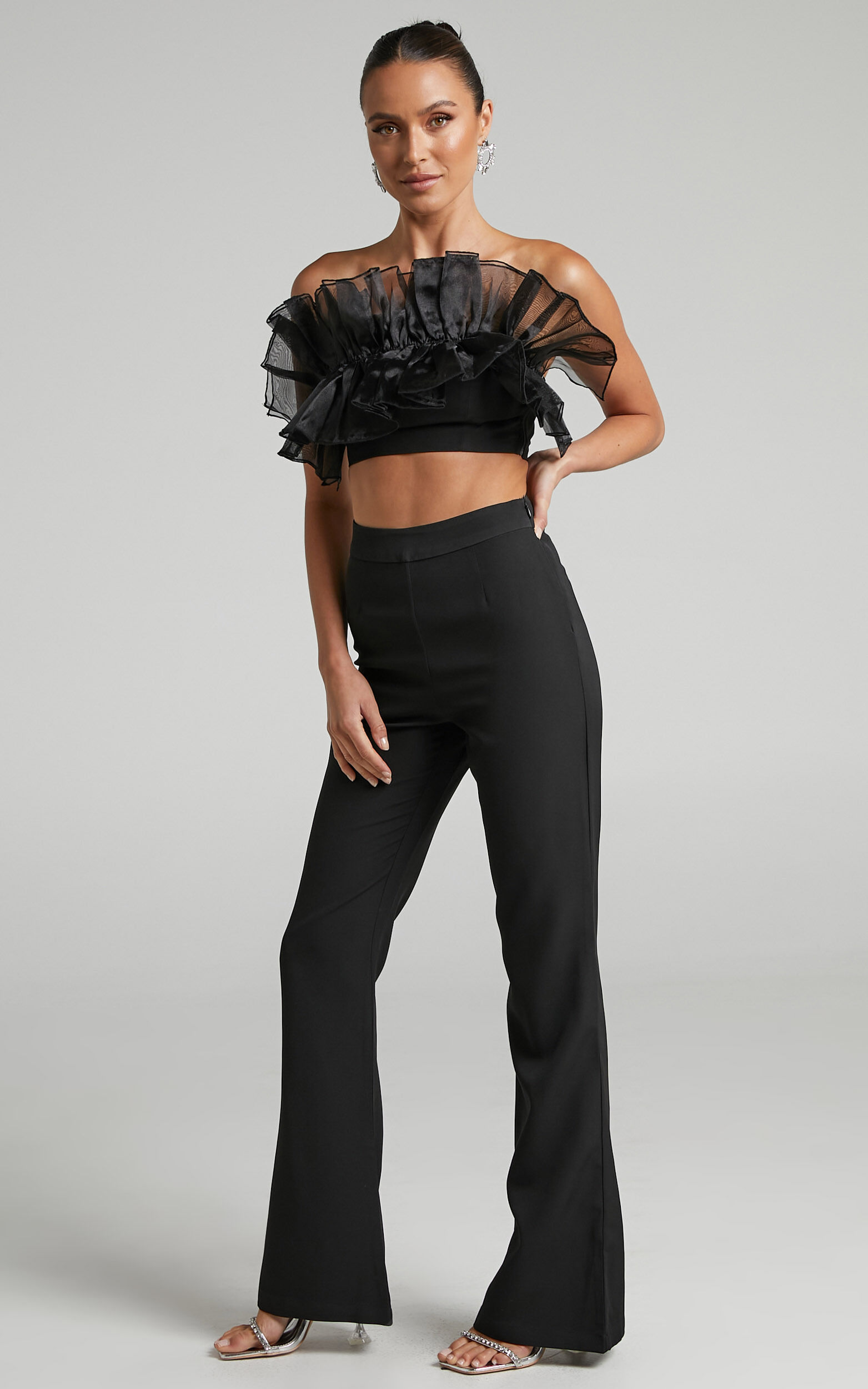 Shaima Two Piece Set Strapless Organza Ruffle Crop Top and Pants