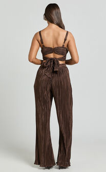 Gabby Two Piece Set - V Neck Twist Front Plisse Crop Top and High Waisted Plisse Relaxed Pants in Chocolate