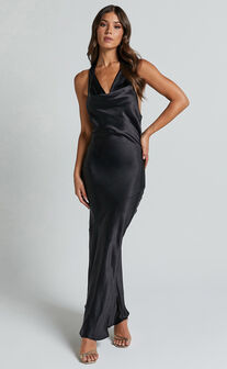 Elise Midi Dress - Cowl Neck Satin Dress in Black