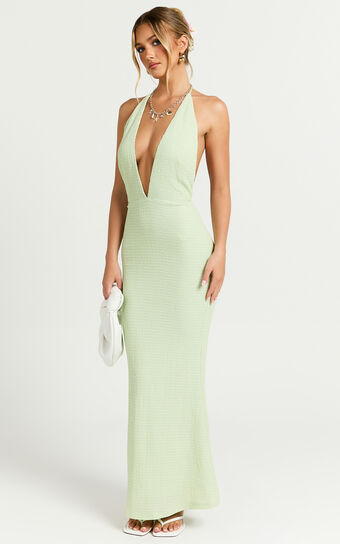 Ada Maxi Dress - Halter Plunge Textured Jersey Open Back Dress in Green