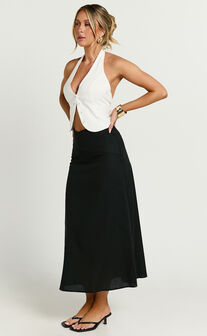 Sundry Midi Skirt - Linen High Waisted Cross Front Detail Skirt in Black