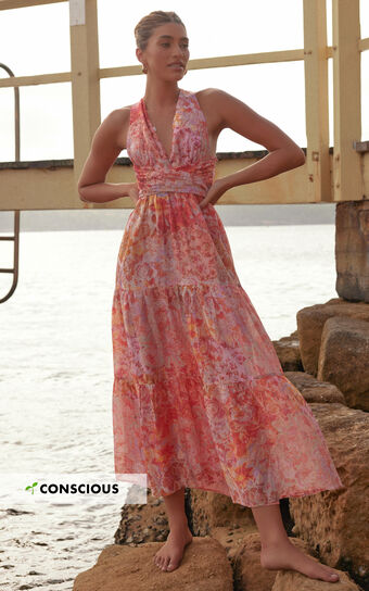 Amalie The Label - Monte Plunge Neck Tie Back Tiered Maxi Dress in Morocco Print