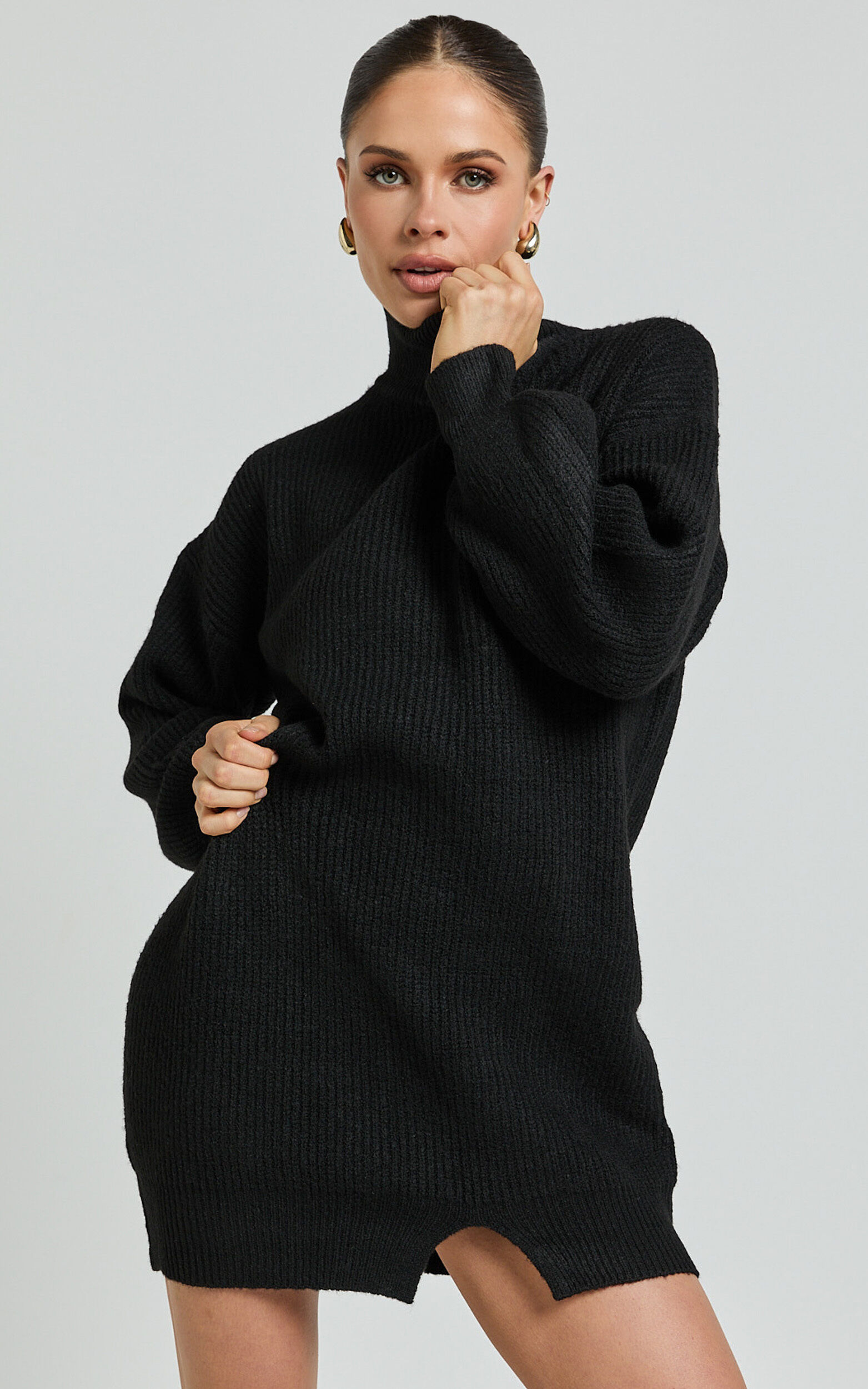 Tianna Mini Dress Knitted Side Split Jumper Dress in Black Showpo USA