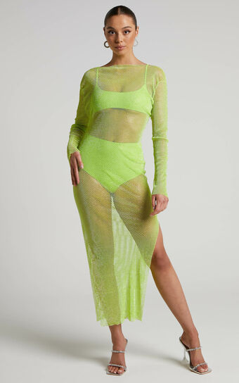 Karmen Midi Dress - Long Sleeve Split Diamante Mesh Dress in Lime