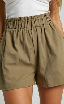 Hiromi Shorts - High Waisted Linen Look A-Line Shorts in Khaki