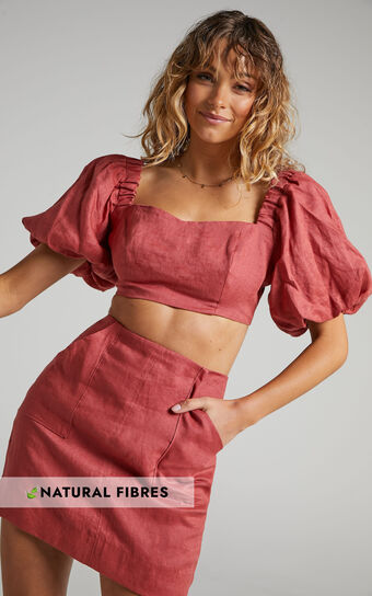 Amalie The Label - Sobitia Linen Puff Sleeve Crop Linen Top in Dusty Rose