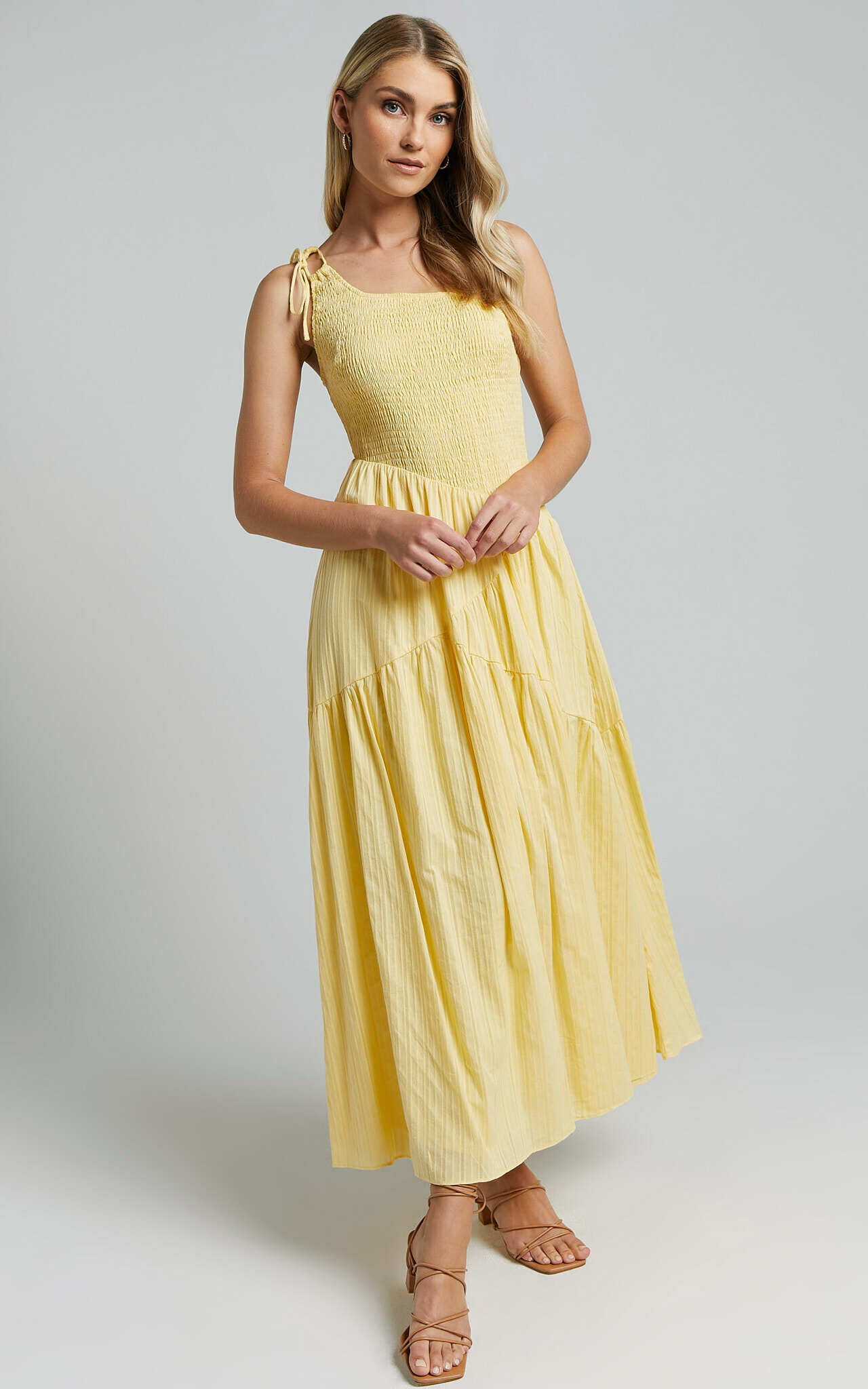 Zhibet Midi Dress One Shoulder Tie Fit and Flare Dress in Yellow Showpo EU