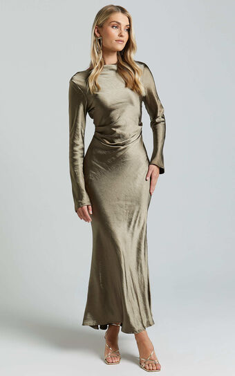 Arriana Midi Dress - Long Sleeve Cowl Back Satin Dress in Olive
