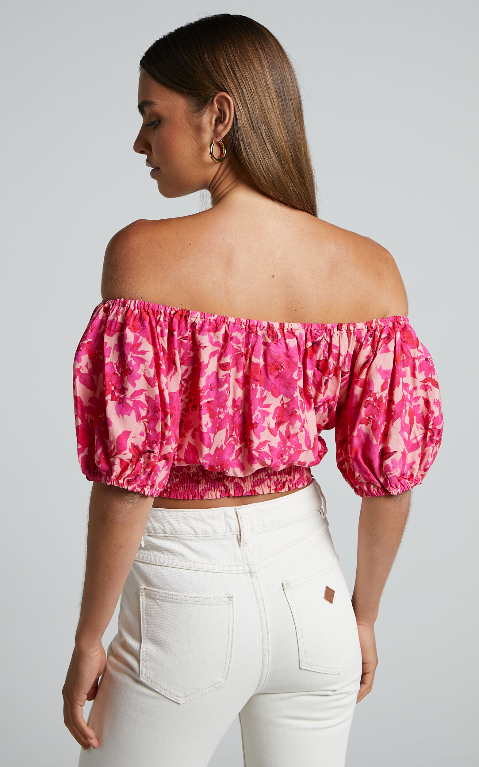 Lydia Top Off Shoulder Puff Sleeve Shirred Top in Pink Floral