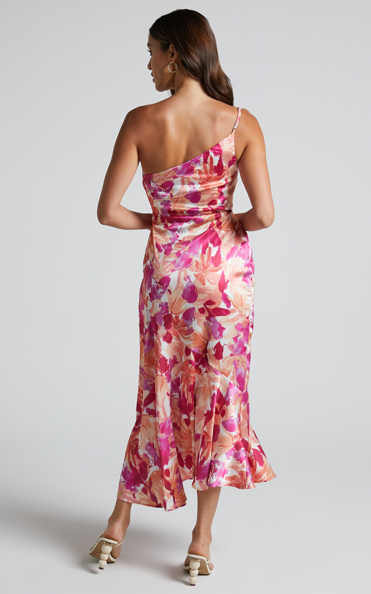 Pink satin floral dress cheap