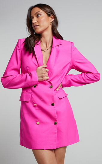 Nathany Mini Dress - Double Breasted Blazer Dress in Hot Pink
