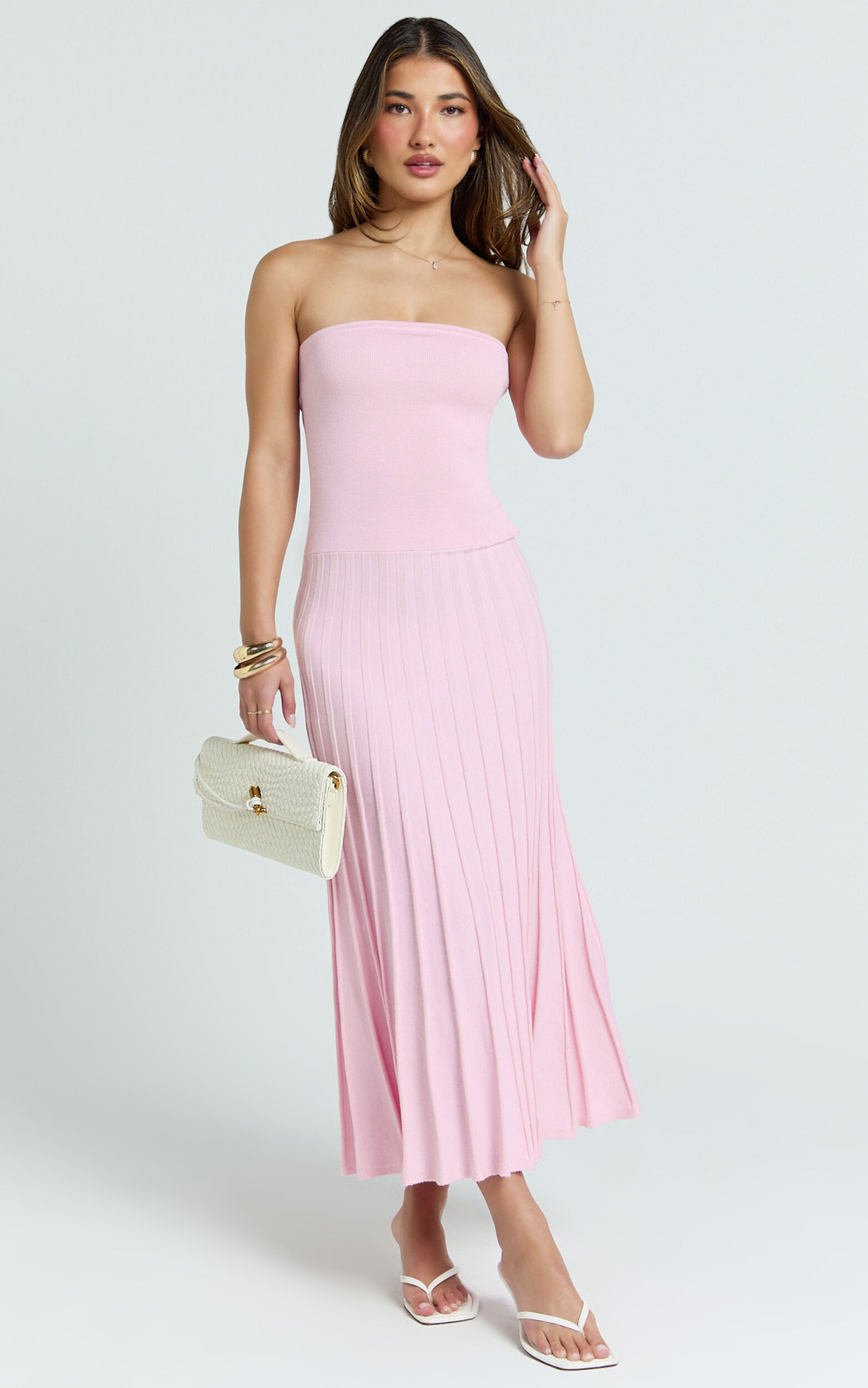 Paris Midi Dress - Strapless Drop Waist Pleated Knit Dress in Pink - 06, PNK1
