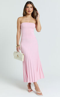 Paris Midi Dress - Strapless Drop Waist Pleated Knit Dress in Pink