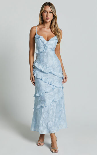 Michaela Midi Dress - Jacquard Ruffle Detail Tiered Dress in Light Blue