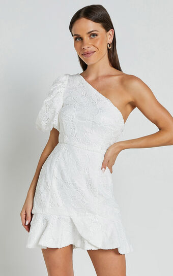 Jenny Mini Dress - One Shoulder Side Cut Out Lace Dress in White