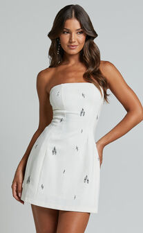 Anziel Mini Dress - Strapless Structured Cluster Embellishment Dress in White