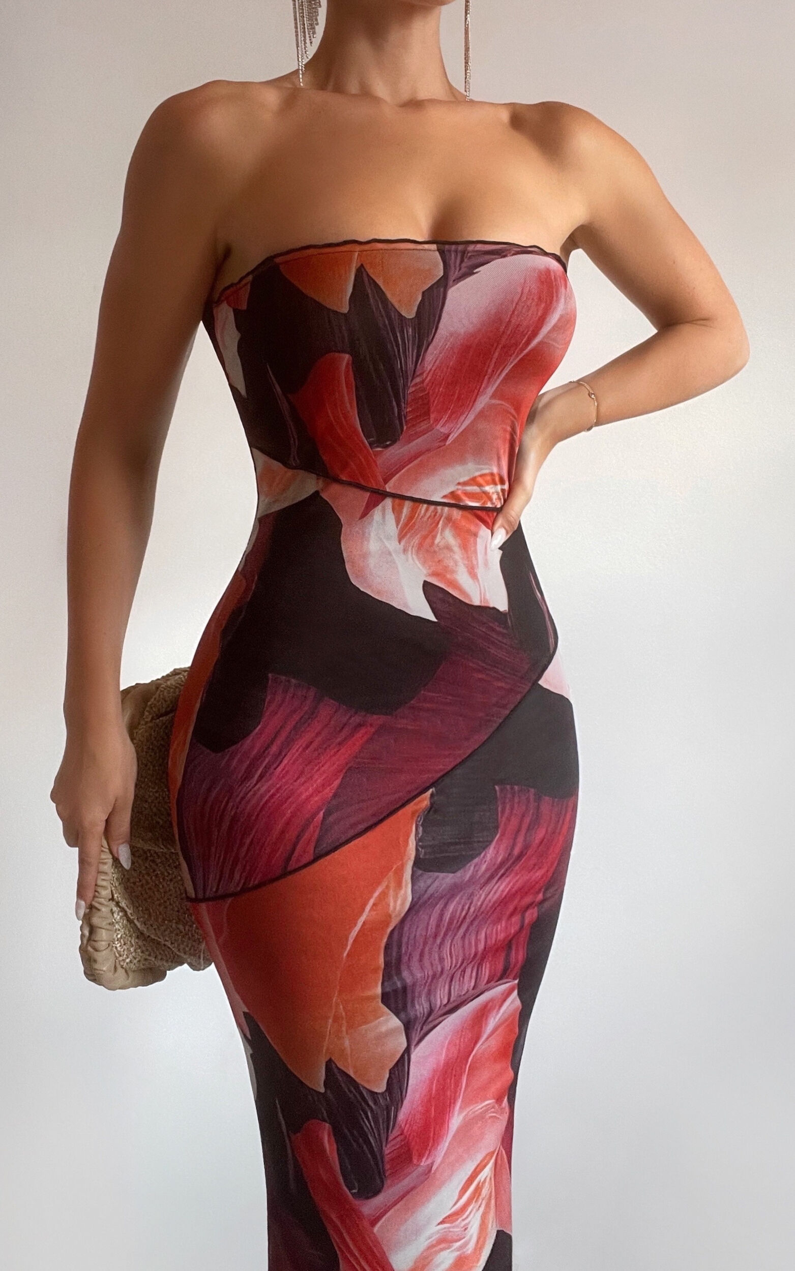 Brunetta Midi Dress - Strapless Mesh Dress in Peach and Black Floral - 04, ORG1