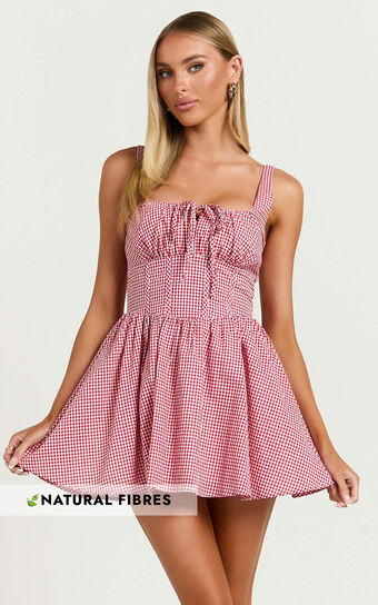 Keegan Mini Dress - Ruched Bust Front Tie Gathered Skirt Dress in Red Gingham